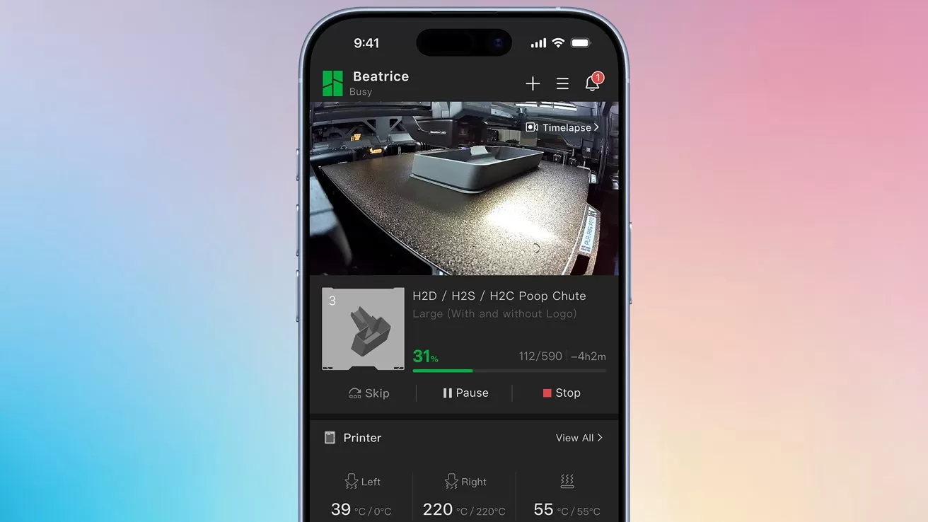 Smartphone displaying a 3D printer monitoring app, showing a live video of a print in progress, job details, completion percentage, and printer temperature stats against a gradient background