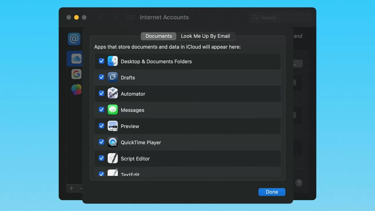 Mac settings window showing Internet Accounts iCloud options, with a list of apps like Desktop &amp; Documents Folders, Drafts, Messages, Preview, and others selected or deselected, over a blue background