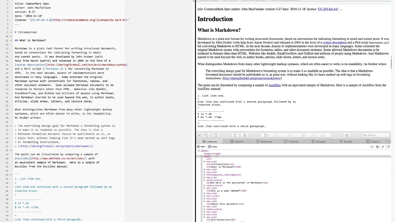 Split computer screen showing Markdown text editor on the left and rendered Markdown documentation with browser developer tools panel open on the right, demonstrating live preview and HTML structure