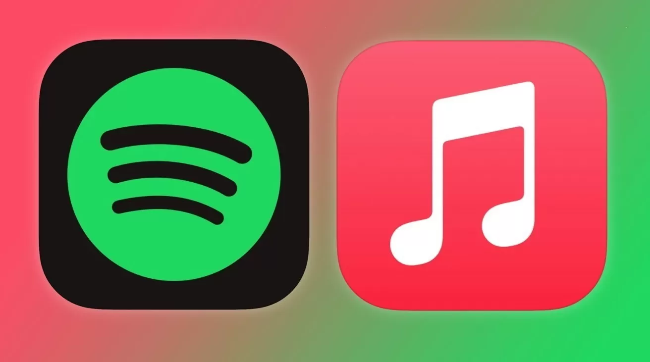 Spotify and Apple Music app icons side by side on a gradient red and green background, representing two popular music streaming services