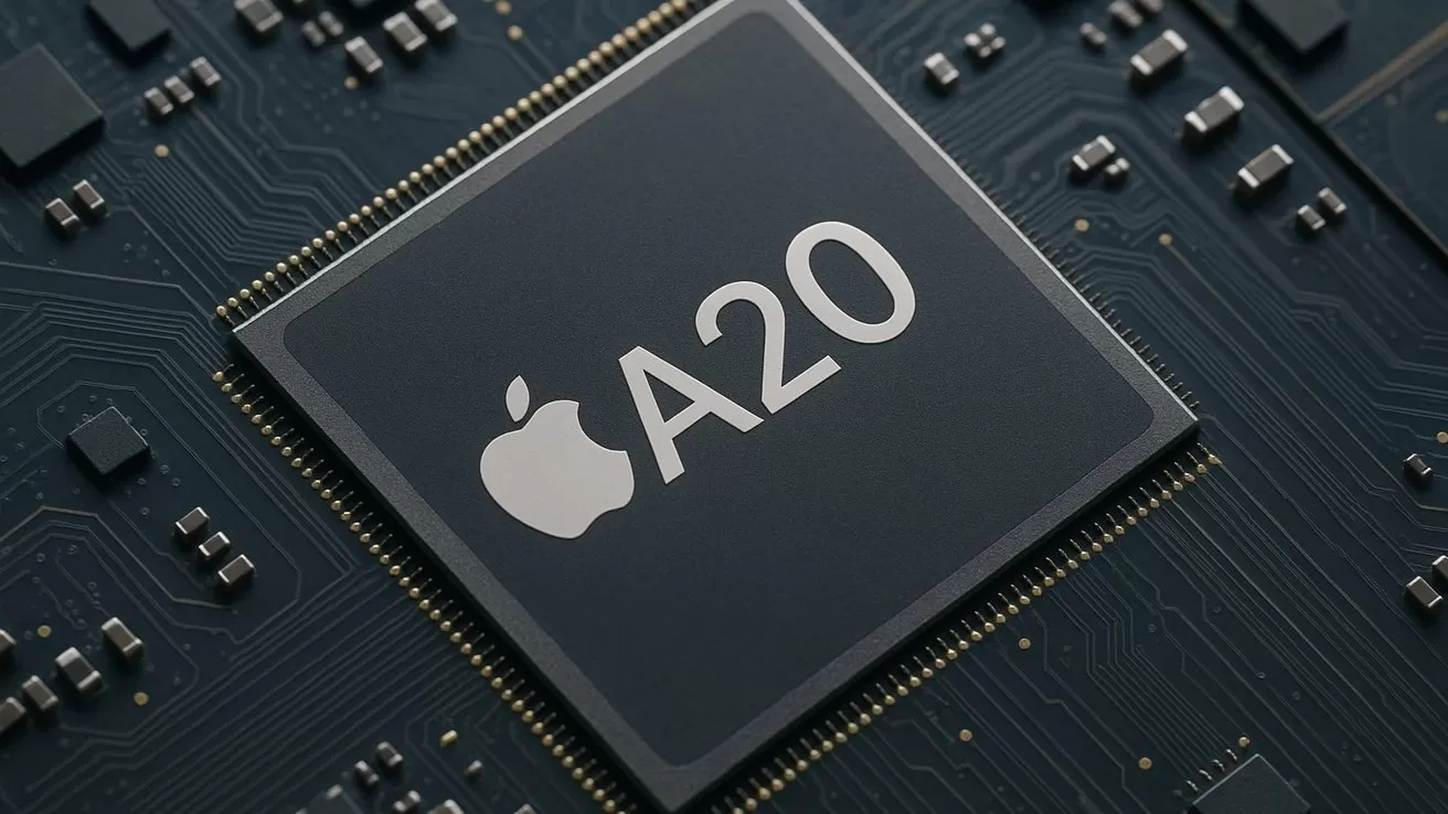 Close-up of an Apple A20 processor chip mounted on a dark circuit board, showing detailed metallic traces and components around the central square chip