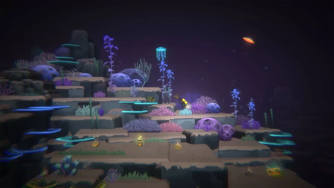 Colorful cartoon-style underwater landscape with glowing corals, rocks, and plants on tiered ledges, tiny yellow sea creatures, a floating jellyfish, and a small orange fish against dark water