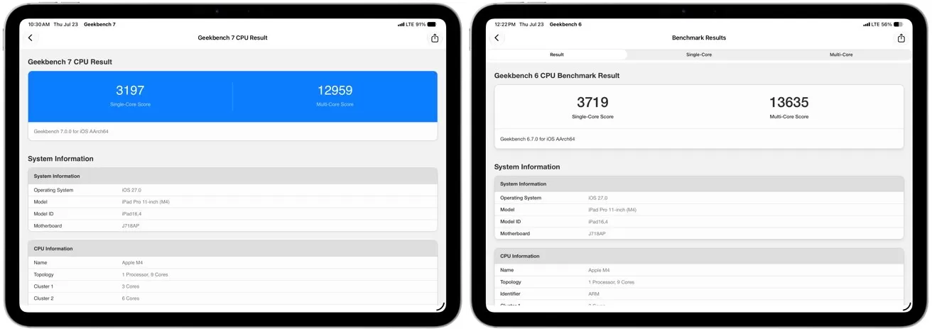 Two tablet screens side by side displaying Geekbench CPU benchmark results with large single-core and multi-core scores at the top and detailed system information sections listed below
