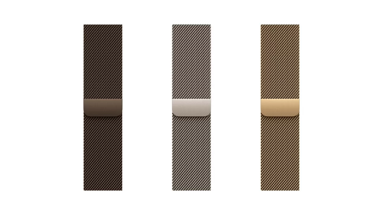 Three vertical mesh metal watch bands in dark brown, silver, and gold tones, each with a matching magnetic clasp, displayed side by side on a plain white background