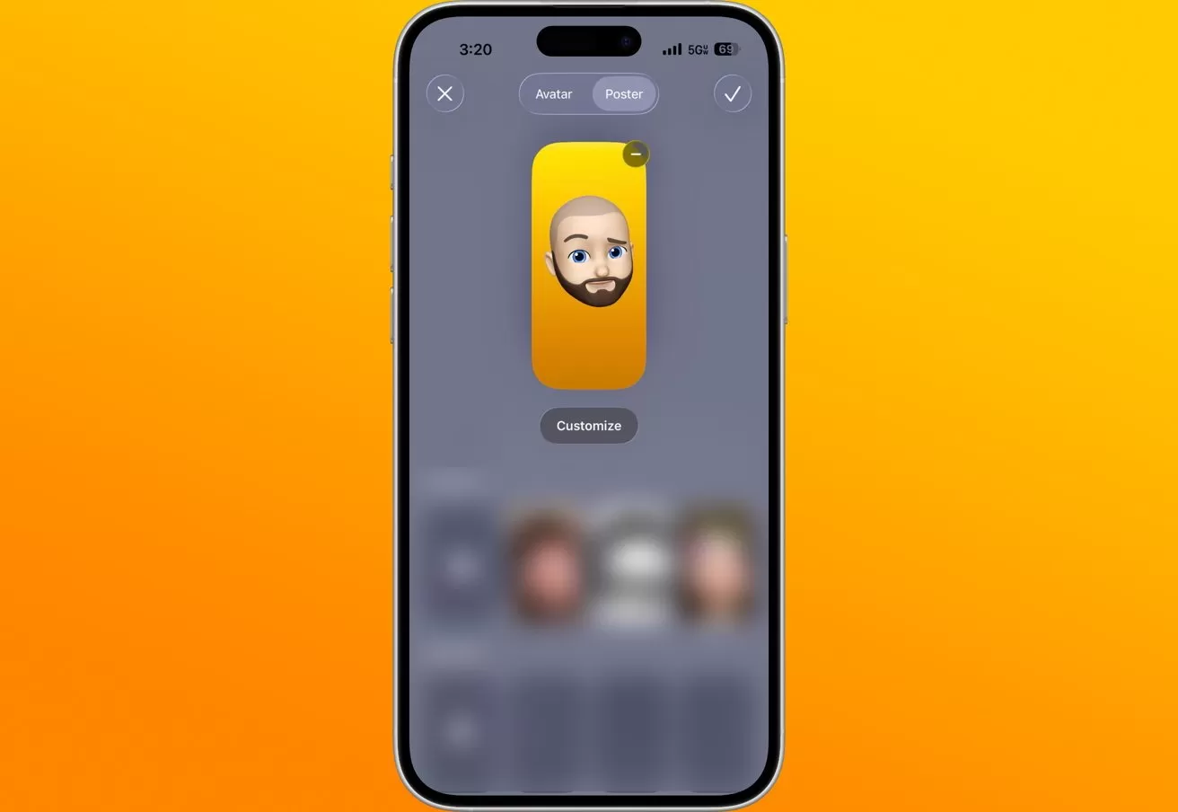 iPhone screen showing a contact poster editor with a yellow background and a bald bearded Memoji face centered, surrounded by blurred contact options on an orange gradient backdrop