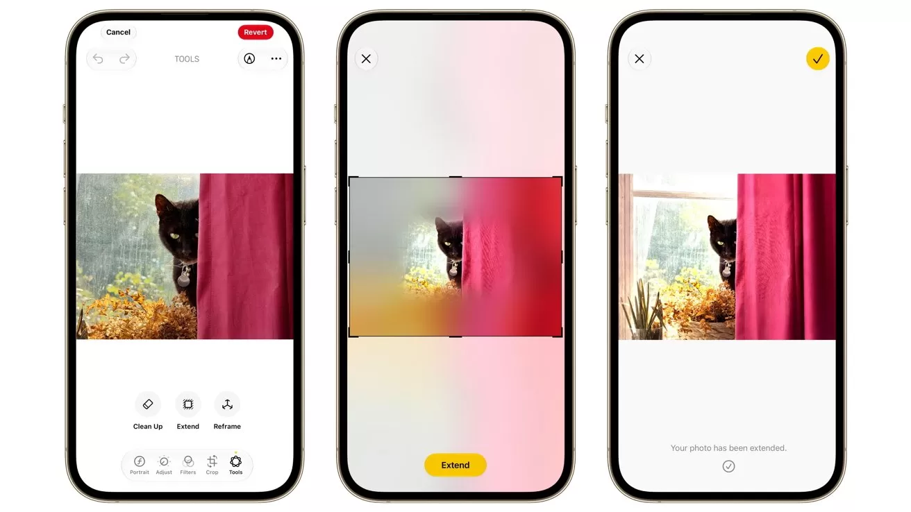 Three smartphone screens show a photo editing app expanding a photo of a black cat peeking from behind a red curtain, gradually filling blank space with generated background.