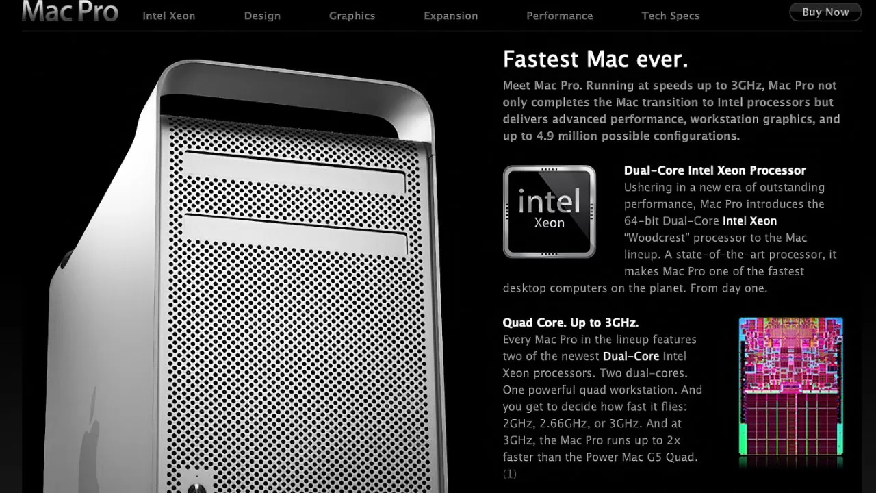 Apple Mac Pro promotional page showing a close-up of the silver tower case, Intel Xeon processor badge, colorful processor diagram, and text highlighting it as the fastest Mac with dual and quad cores