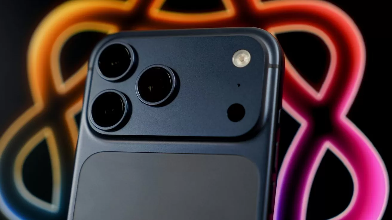 Close-up of a dark smartphone's rear camera module with three lenses and flash, set against a colorful, glowing abstract background with intertwined neon-style loops.