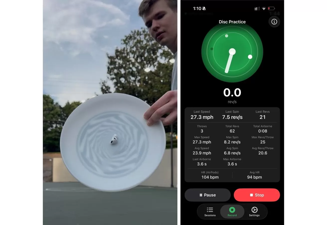 Young man outdoors holds a white disc with a small sensor attached, beside a smartphone screen showing a disc practice tracking app with speed, spin, and throw statistics