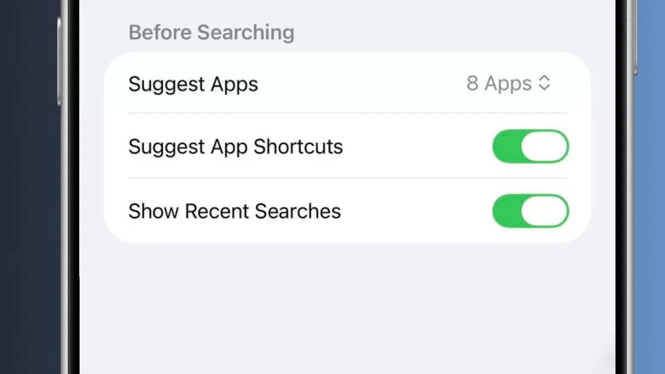 iPhone search settings screen showing options Suggest Apps, Suggest App Shortcuts, and Show Recent Searches, with the last two toggled on in green and Suggest Apps showing 8 apps
