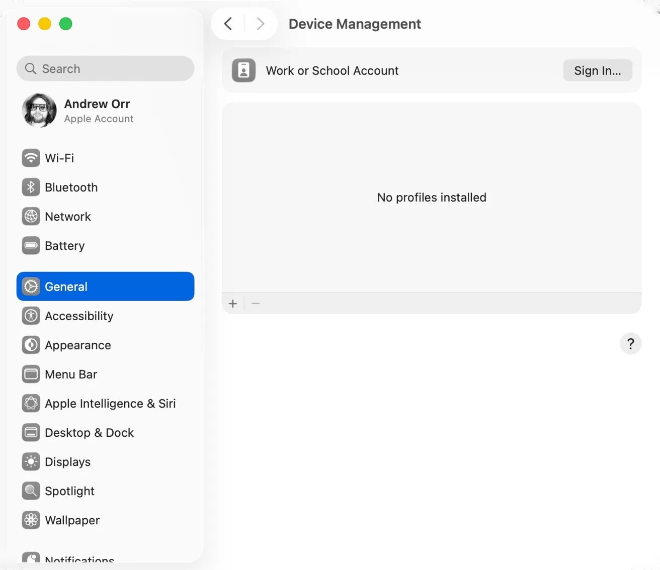 Device management screen showing 'No profiles installed.' Sidebar includes settings options like Wi-Fi, Bluetooth, and General, with General selected. User account name is visible.