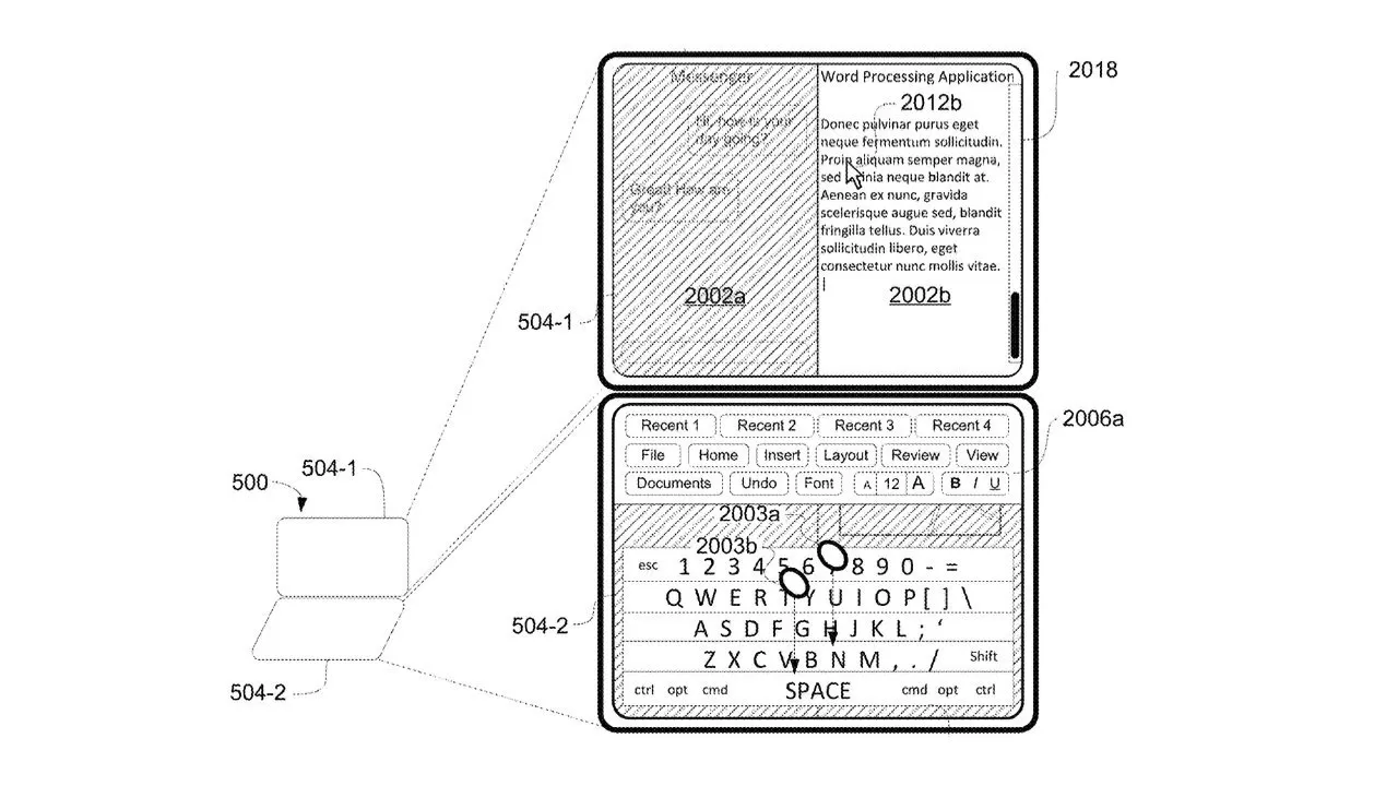 Diagram of a folding electronic device showing a top word-processing screen and a bottom touchscreen keyboard, with callouts highlighting numbered components and labeled interaction areas