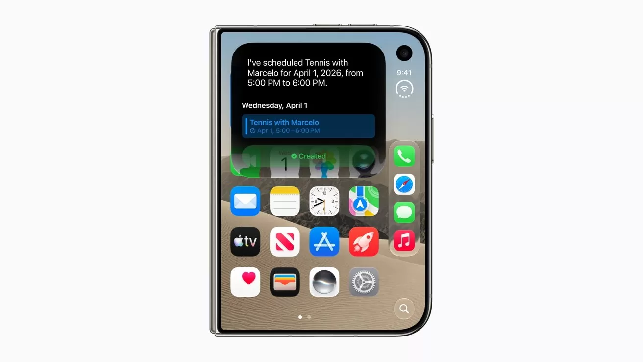 Foldable smartphone with large home screen showing app icons, calendar notification at top, rounded edges, and front-facing camera cutout in the upper-right corner on a light background