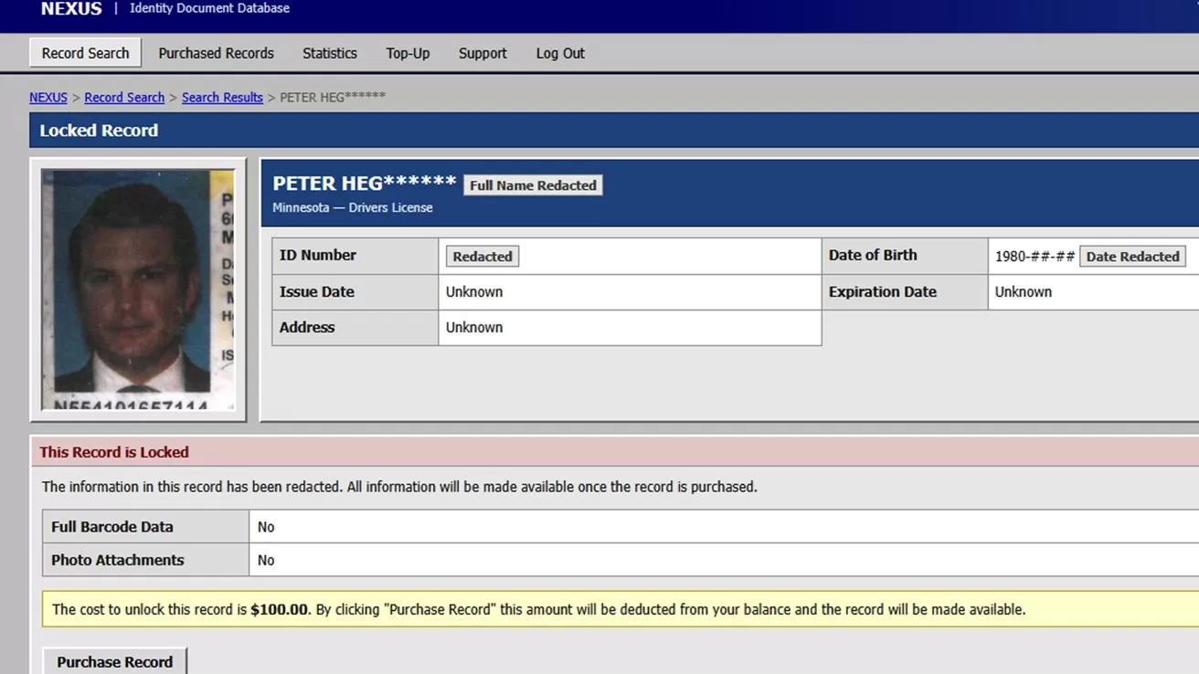 Screenshot of an online identity database profile for a man's driver's license, mostly redacted and locked, with a headshot photo and text stating a $1000 fee to unlock the record