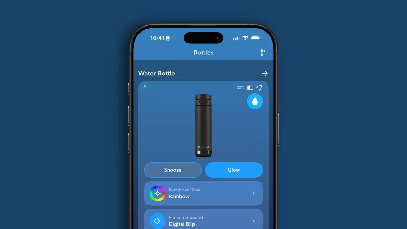 Smartphone screen displaying a water bottle app interface with snooze, glow, reminder glow, and sound options on a blue background.