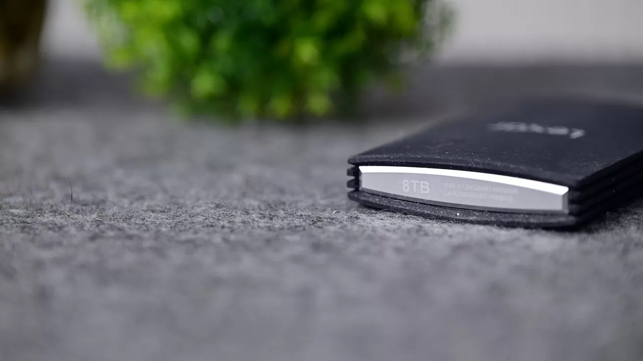 Black external hard drive labeled 8TB resting on a gray textured surface, with a blurred green plant in the background and soft, shallow-focus lighting