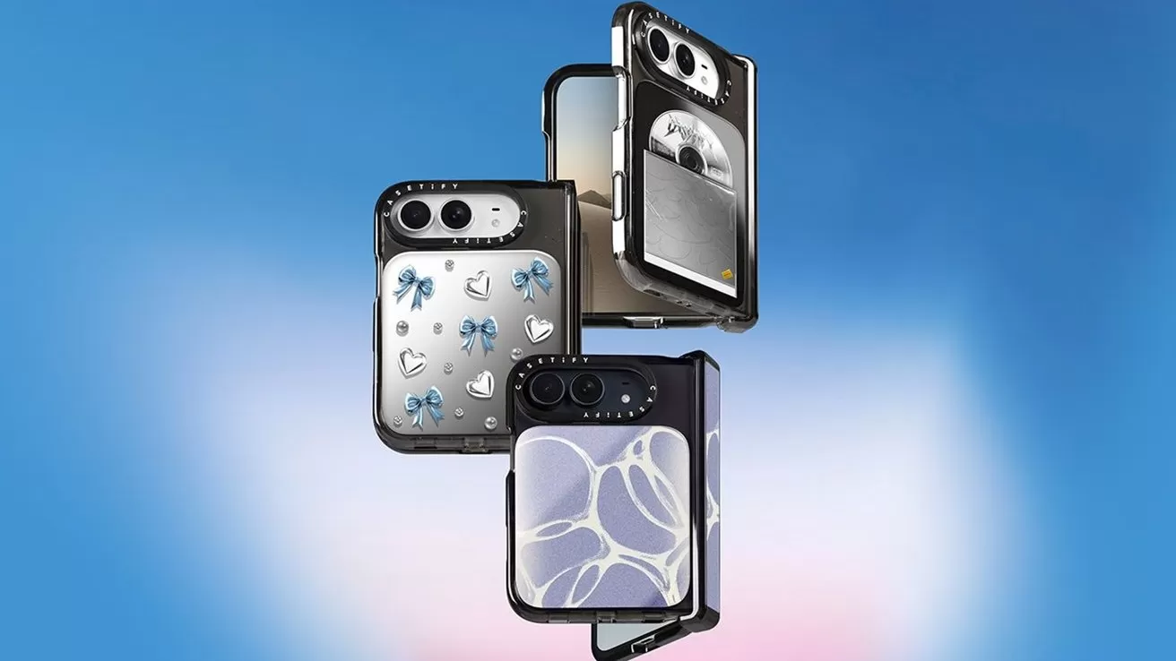Three iPhone Duos with decorative clear cases, featuring blue butterflies, hearts, and white abstract patterns, floating against a soft blue and pink gradient background