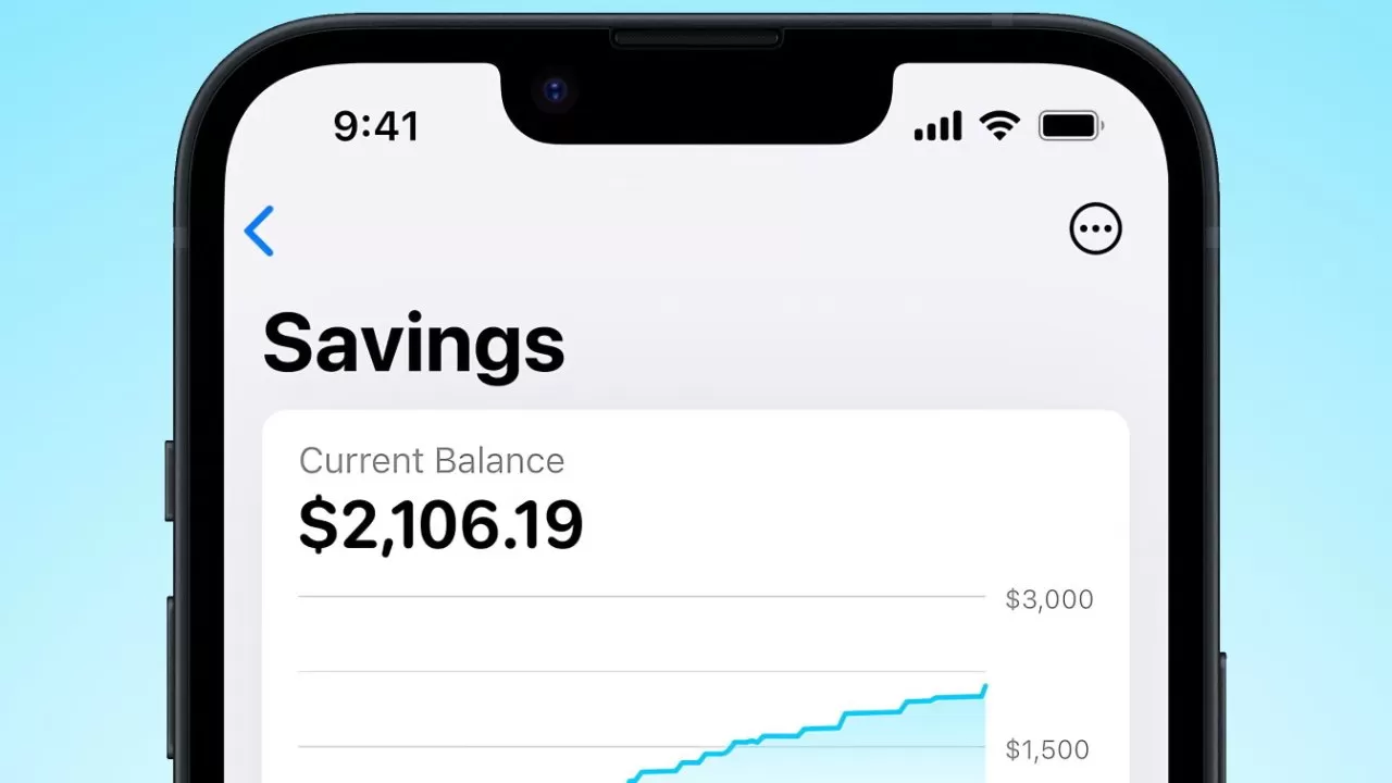 Smartphone screen showing a Savings account with current balance 2,106 dollars and 19 cents, plus part of a rising blue line graph on a white background with blue gradient edges