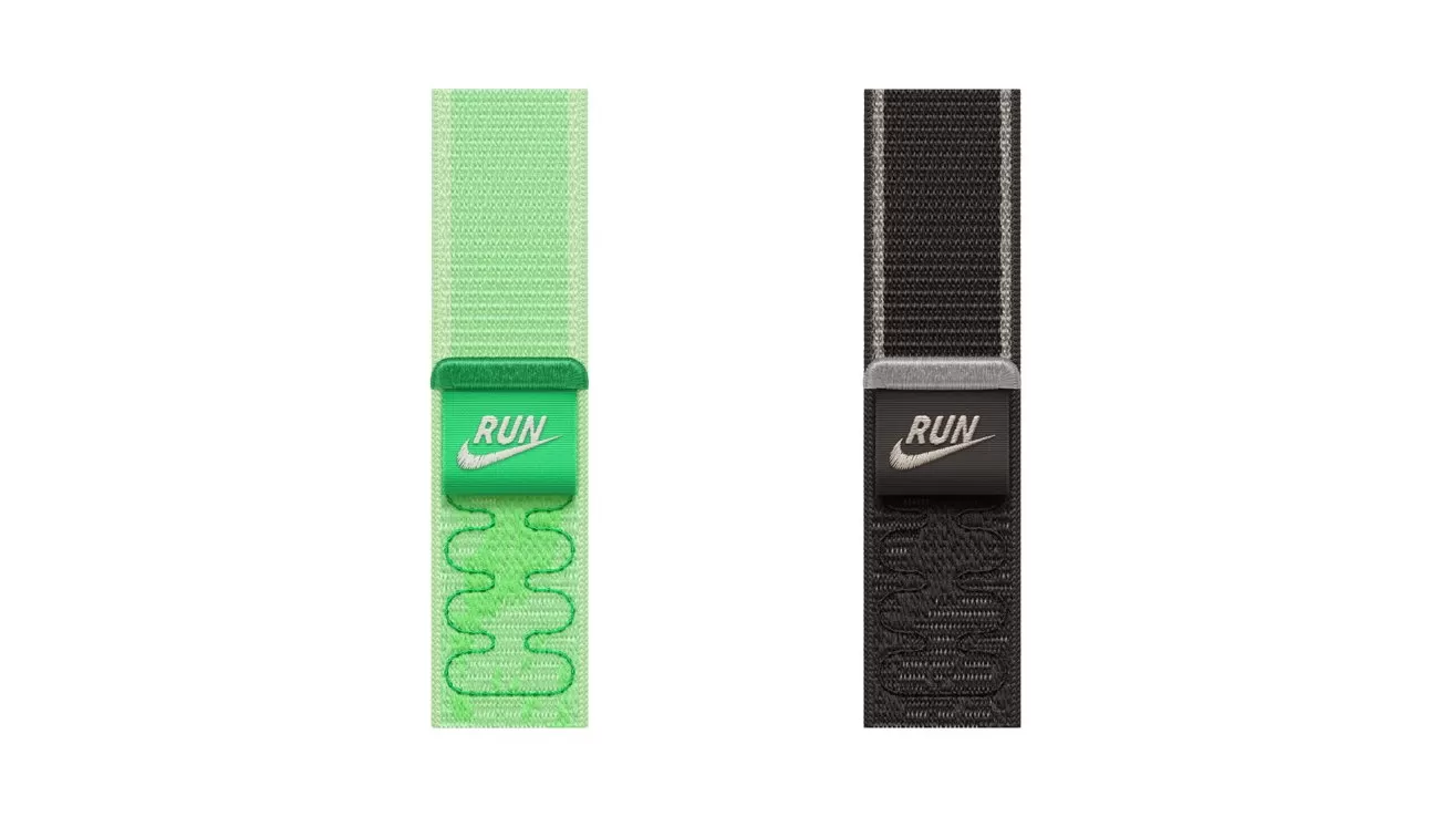 Two Nike wristbands side by side: one bright green with a green clasp labeled RUN, the other black with a black clasp labeled RUN, both featuring textured fabric straps
