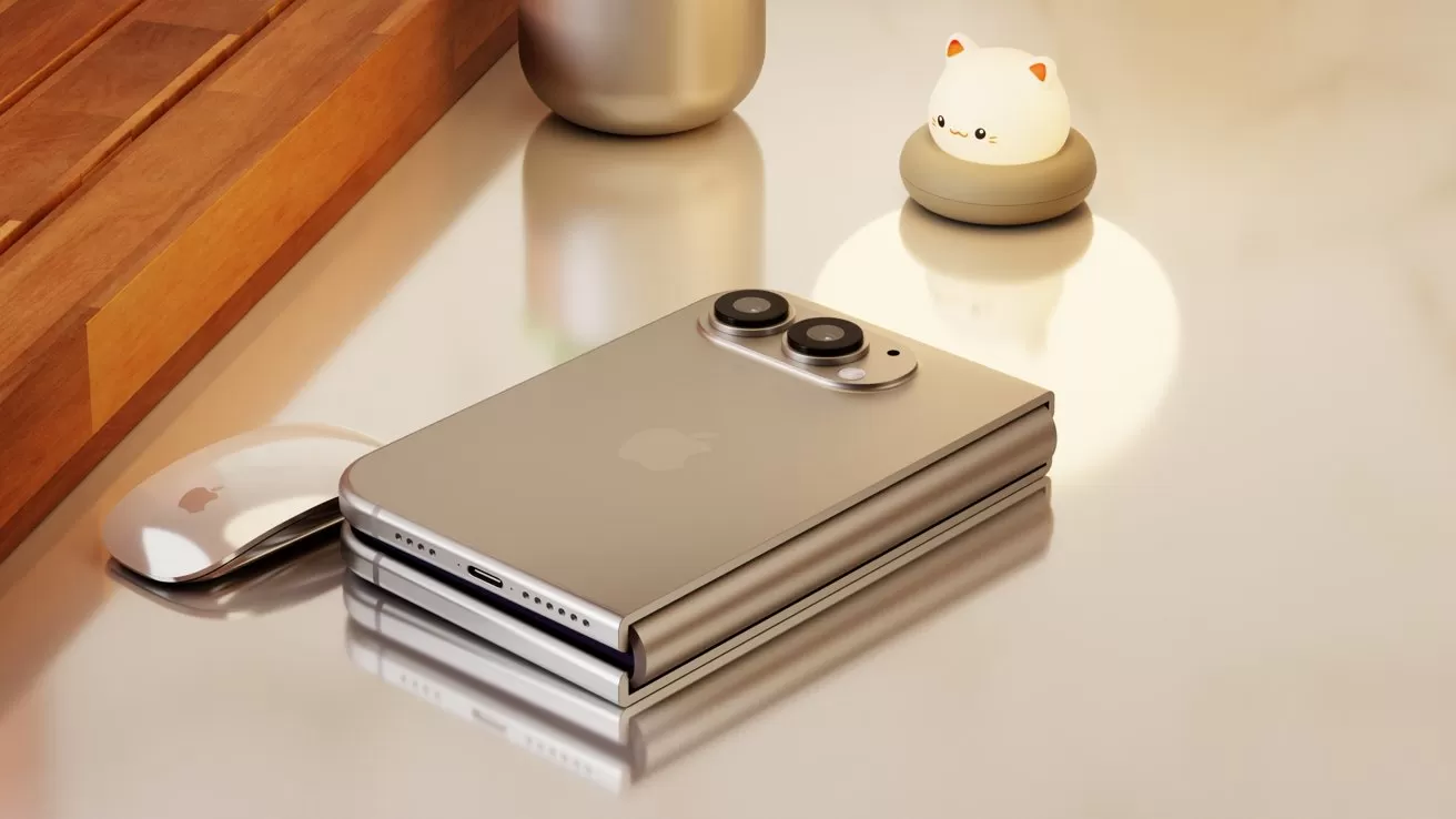 Folded silver smartphone with dual rear cameras rests on glossy desk beside a wireless mouse, wooden organizer, metal cup, and small glowing cat-shaped night light