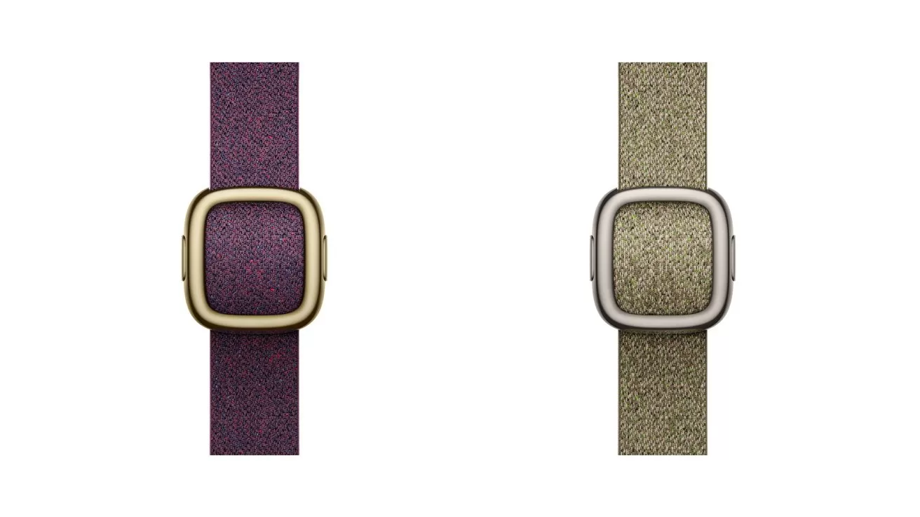 Two square-faced smartwatches with glittery textured bands: one purple with a gold frame on the left, and one gold with a silver frame on the right, on a white background