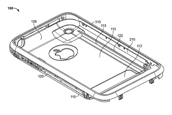 Technical patent-style drawing of a smartphone case shell with rounded edges, internal rails, side button cutouts, rear camera opening, and a large central Apple logo cutout on the back