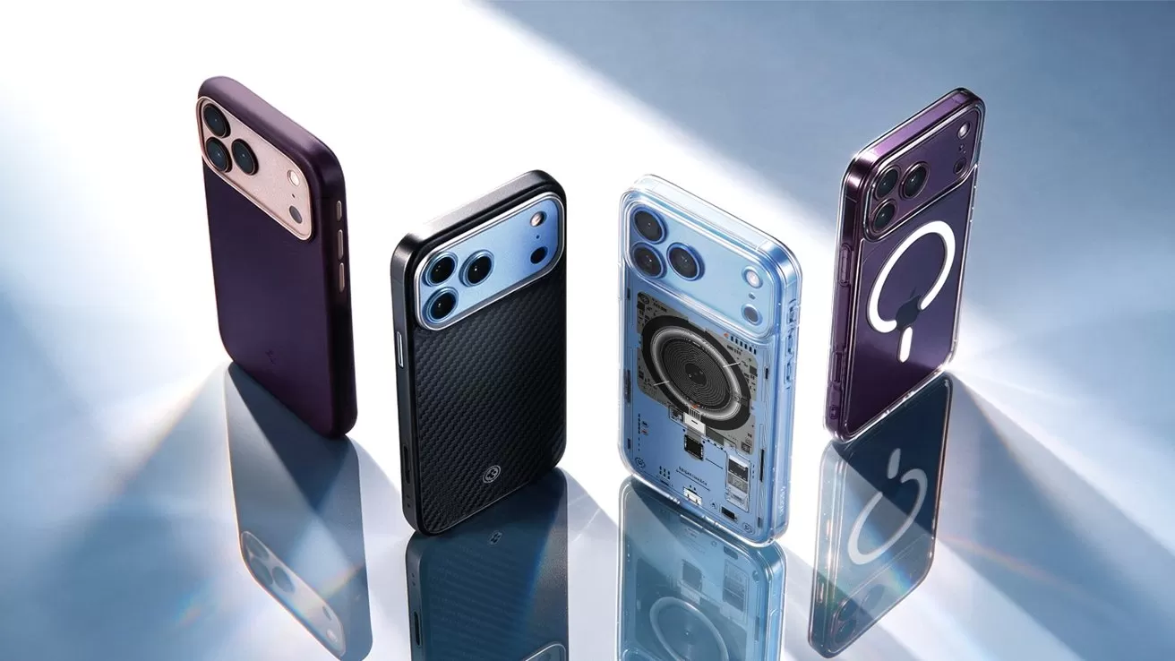 Four iPhone 18 Pro models standing upright on a reflective surface, showing front and back views in purple, black, and transparent designs, with visible internal components and circular charging coil patterns