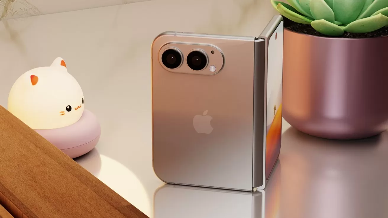 Foldable silver iPhone standing partly open on a reflective surface, dual rear cameras visible, beside a glowing cat-shaped night light and a green succulent in a metallic pot