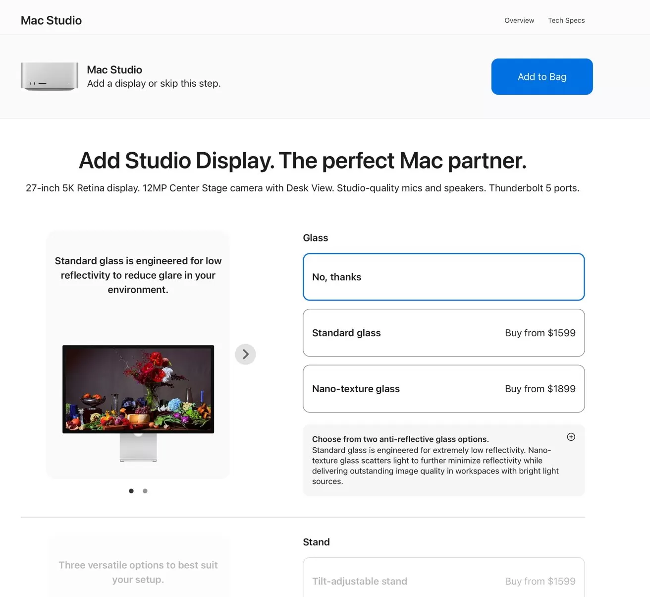 Apple website customization page for Mac Studio, showing options to add a Studio Display, choose glass type, and select stand configuration, with product descriptions, prices, and an Add to Bag button
