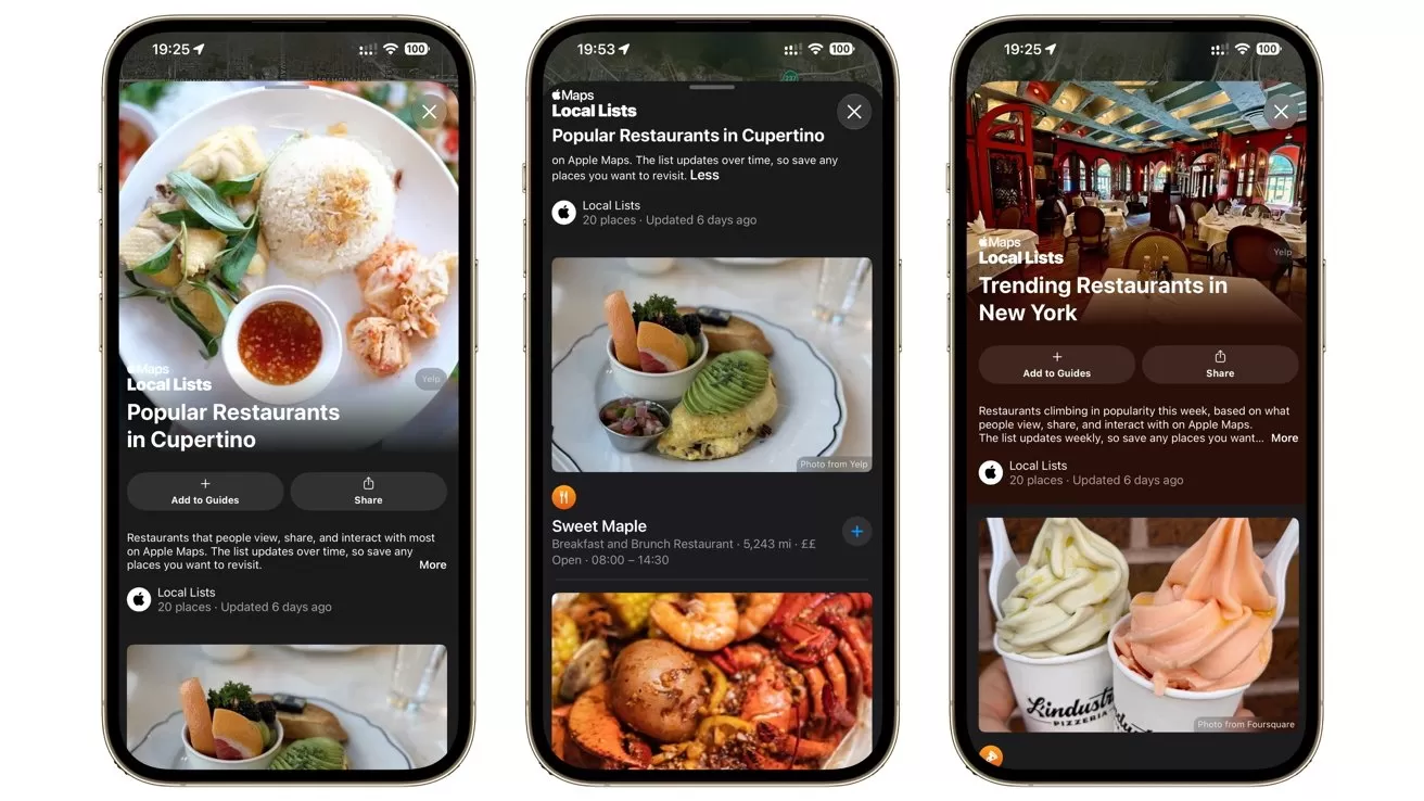 Three smartphone screens showing a food discovery app with colorful photos of dumplings, avocado toast, seafood, ice cream, and a restaurant interior, featuring restaurant names, locations, and short descriptions