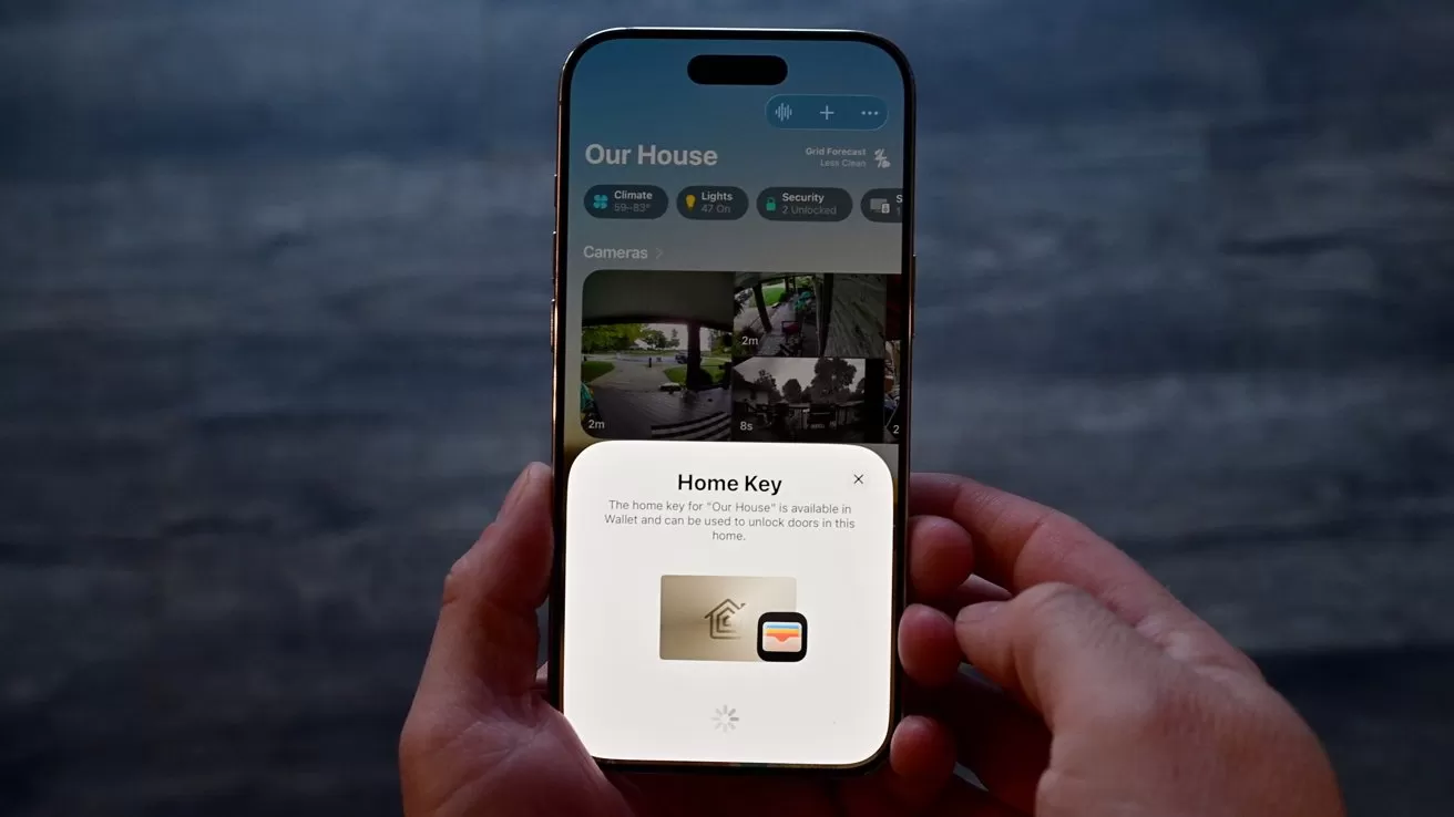 Hands holding a smartphone showing a smart home app, with a Home Key setup screen displayed over live camera feeds of a modern house interior and exterior