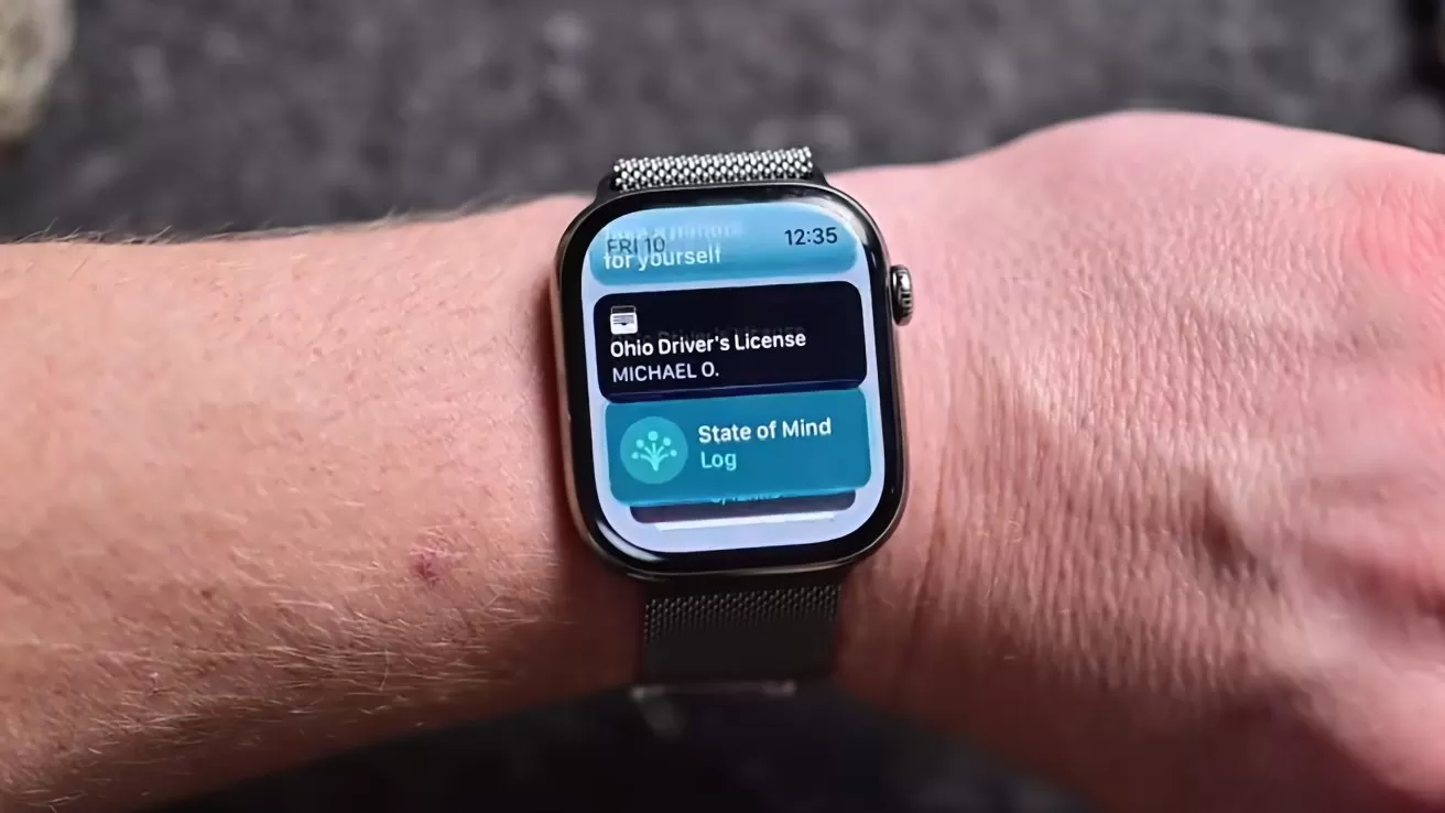Person wearing an Apple Watch displaying a digital Ohio Driver's License notification and a State of Mind log on the screen, with a metal mesh band on their wrist