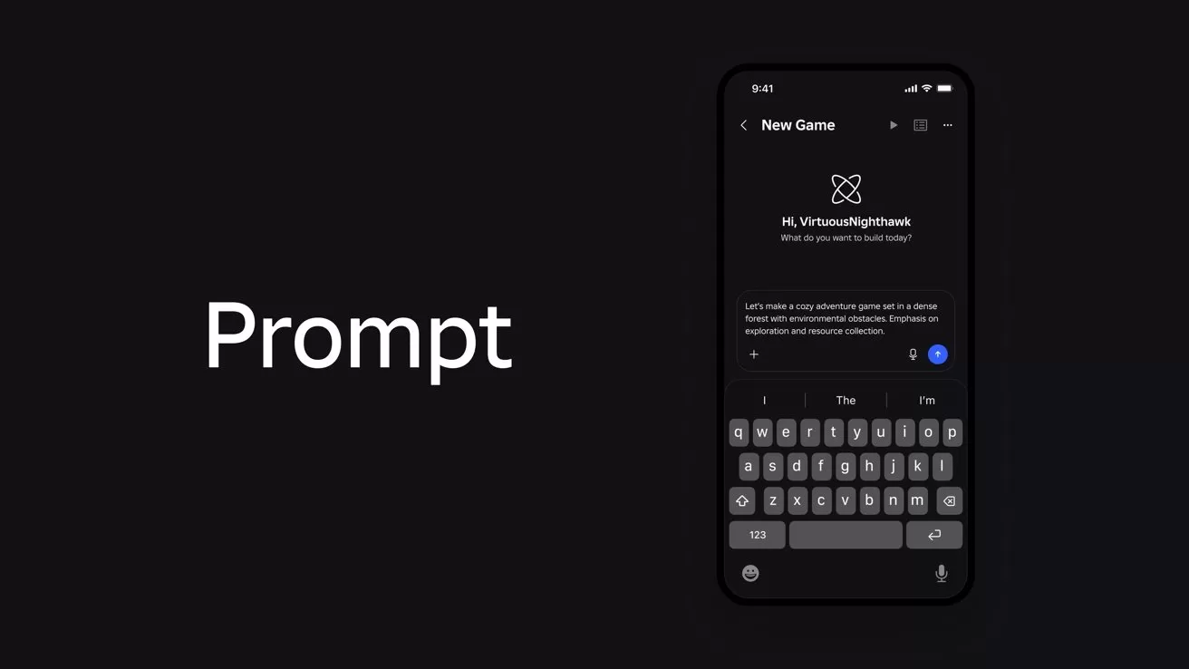 Dark screen with the word Prompt beside a smartphone displaying a New Game setup screen, on-screen keyboard visible, and sleek minimalist black user interface design