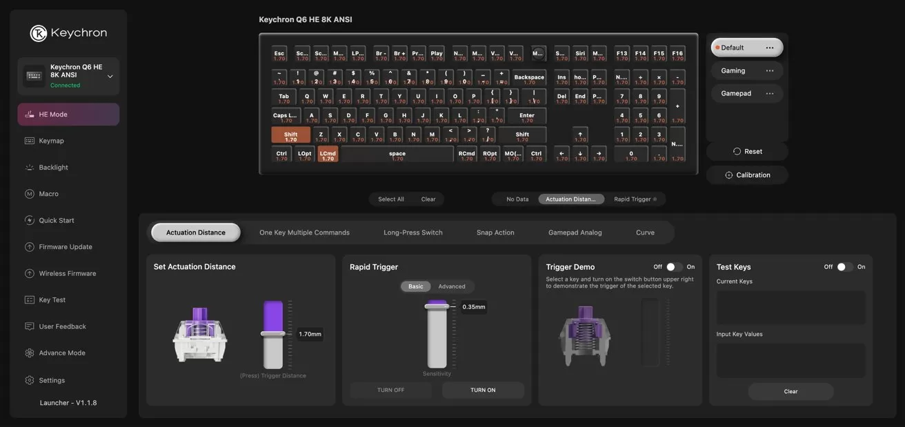 Keychron keyboard configuration software interface showing top view of keyboard layout and bottom panels for setting actuation distance, rapid trigger sensitivity, trigger debounce, and user macros on a dark theme