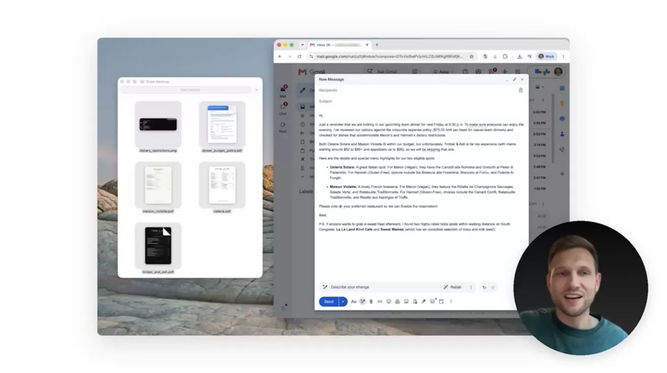Computer screen showing a document editor and a template selection window side by side, with a small circular video call thumbnail of a smiling man in the bottom right corner
