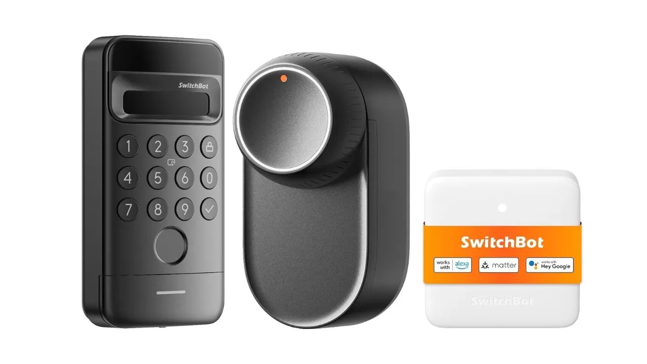 Smart lock kit showing a black numeric keypad, a sleek black circular dial lock, and a small white SwitchBot hub with orange label and connectivity icons on front
