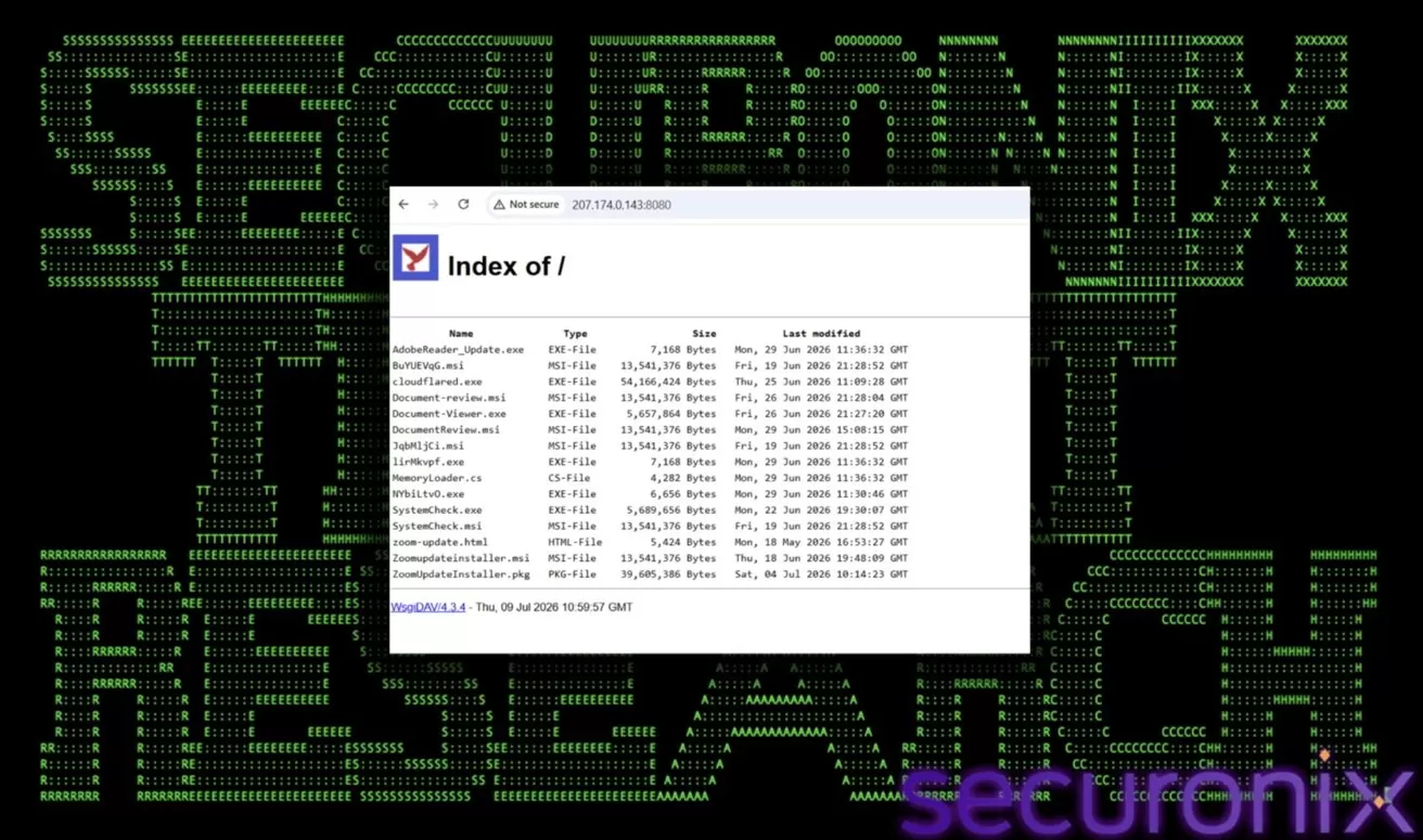 Browser window showing a directory index listing multiple files and folders, overlaid on a black background with large green text patterns and purple securonix logo at the bottom