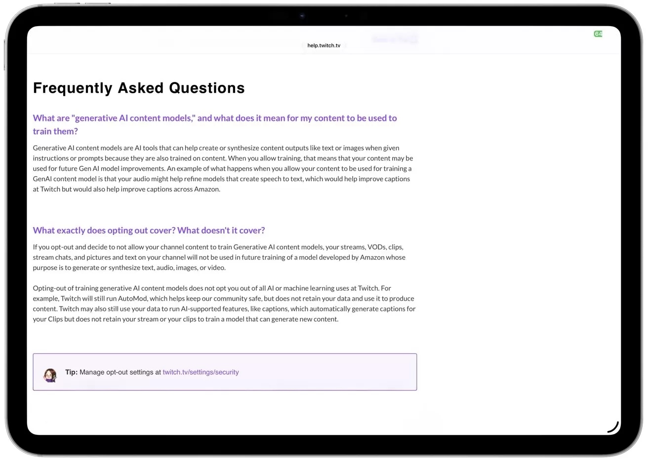Tablet screen showing Twitch's frequently asked questions about generative AI training and its opt-out setting