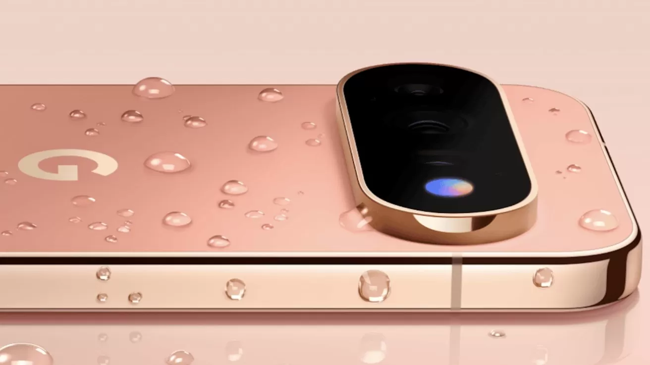 Close-up of a rose gold smartphone back with water droplets, featuring a large black and gold camera module and a subtle G logo, emphasizing water resistance and premium design