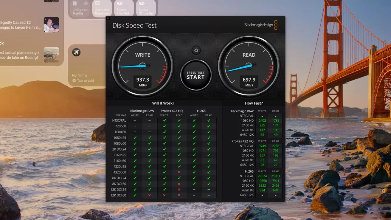 Disk speed test application showing high read and write speeds over a scenic desktop wallpaper of the Golden Gate Bridge at sunset with waves and rocks in the foreground