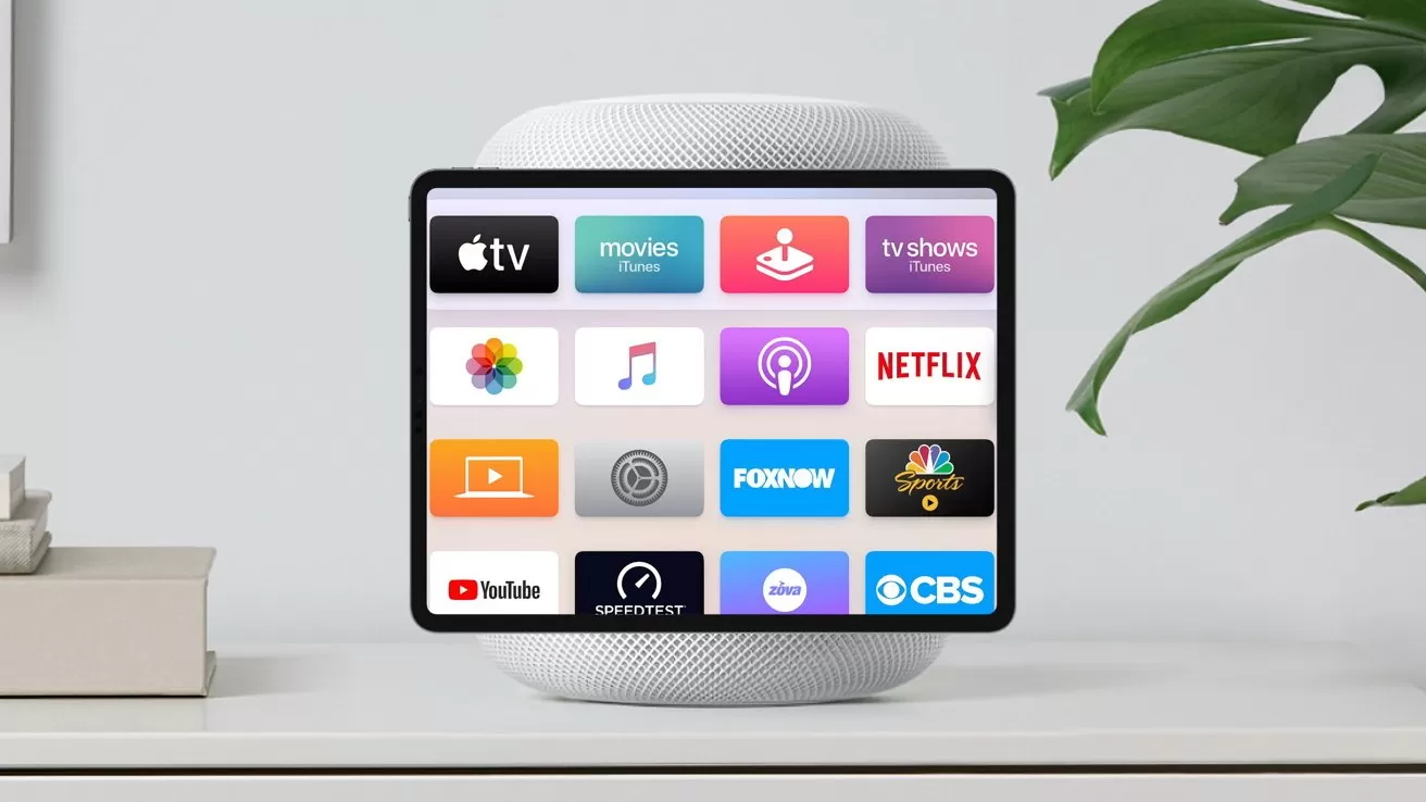 Small smart speaker with a square screen showing colorful streaming app icons including Apple TV, Netflix, YouTube, and CBS, sitting on a white surface beside a green leafy plant