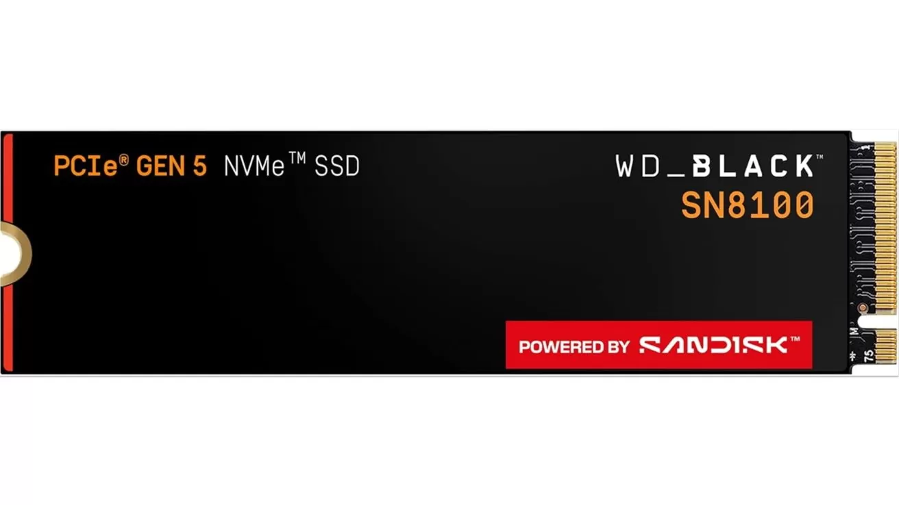 Black WD_Black SN8100 PCIe Gen 5 NVMe M.2 SSD with a gold connector edge and white and orange labeling