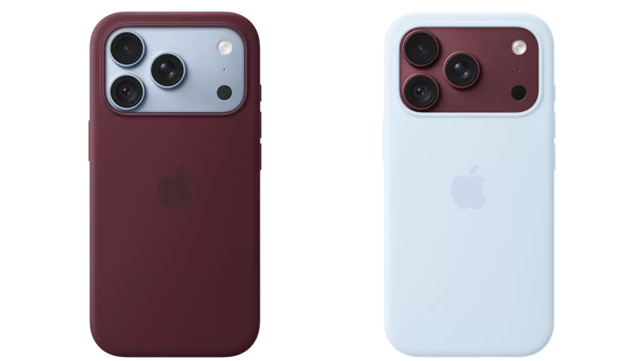 Two iPhones shown from the back with camera lenses visible; left phone in a dark burgundy case, right phone in a light blue case with a contrasting maroon camera area