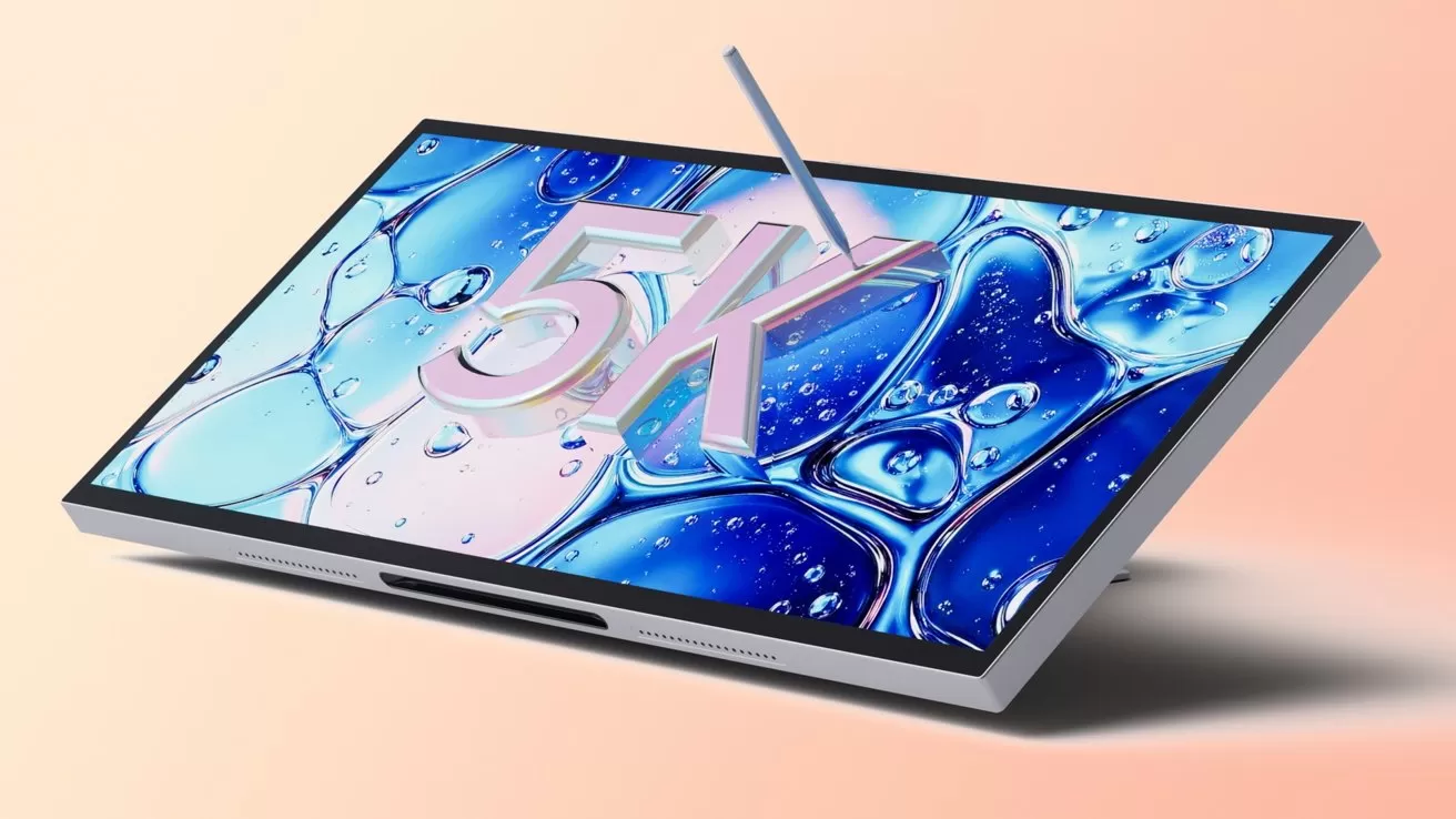 Slim 5K tablet display with stylus resting on top, showing vibrant blue liquid graphics and bubbles, angled on a soft peach background