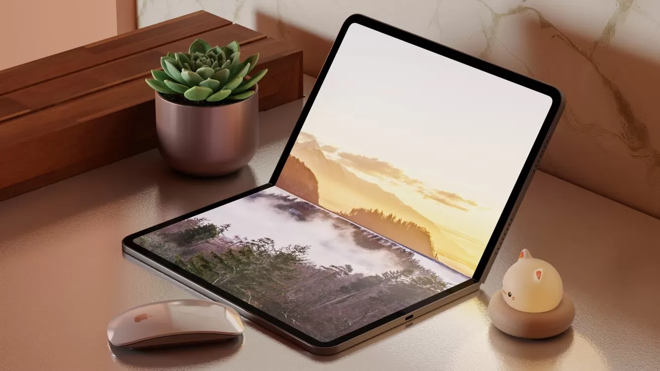 Foldable device displaying scenic landscape on a desk. Nearby are a small plant, wireless mouse, and cat-shaped lamp in a soft, warm lighting setting.
