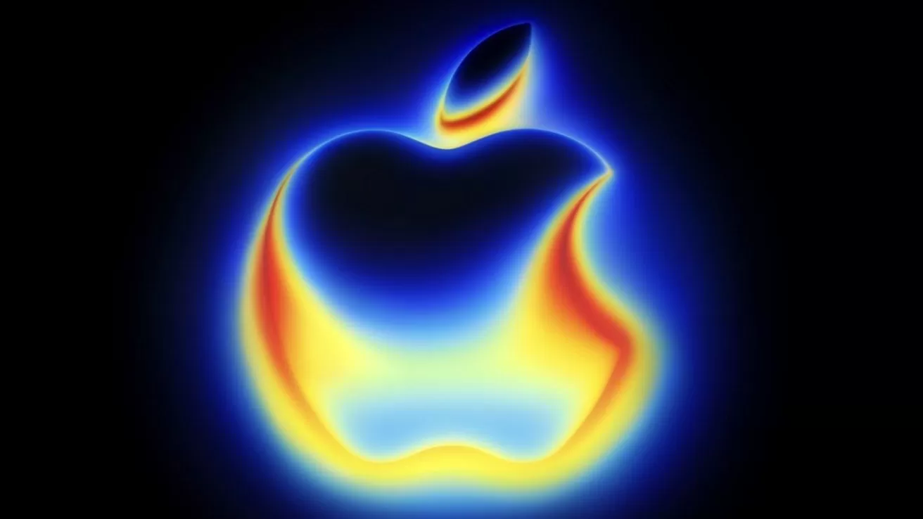 Glowing Apple logo with vibrant blue, yellow, and red gradient against a black background.