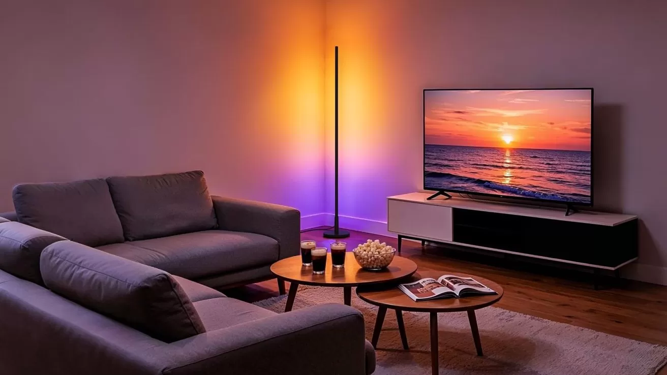 Cozy living room with two gray sofas, round wooden coffee tables, snacks and drinks, floor lamp, and large TV showing a sunset over the ocean with warm ambient lighting