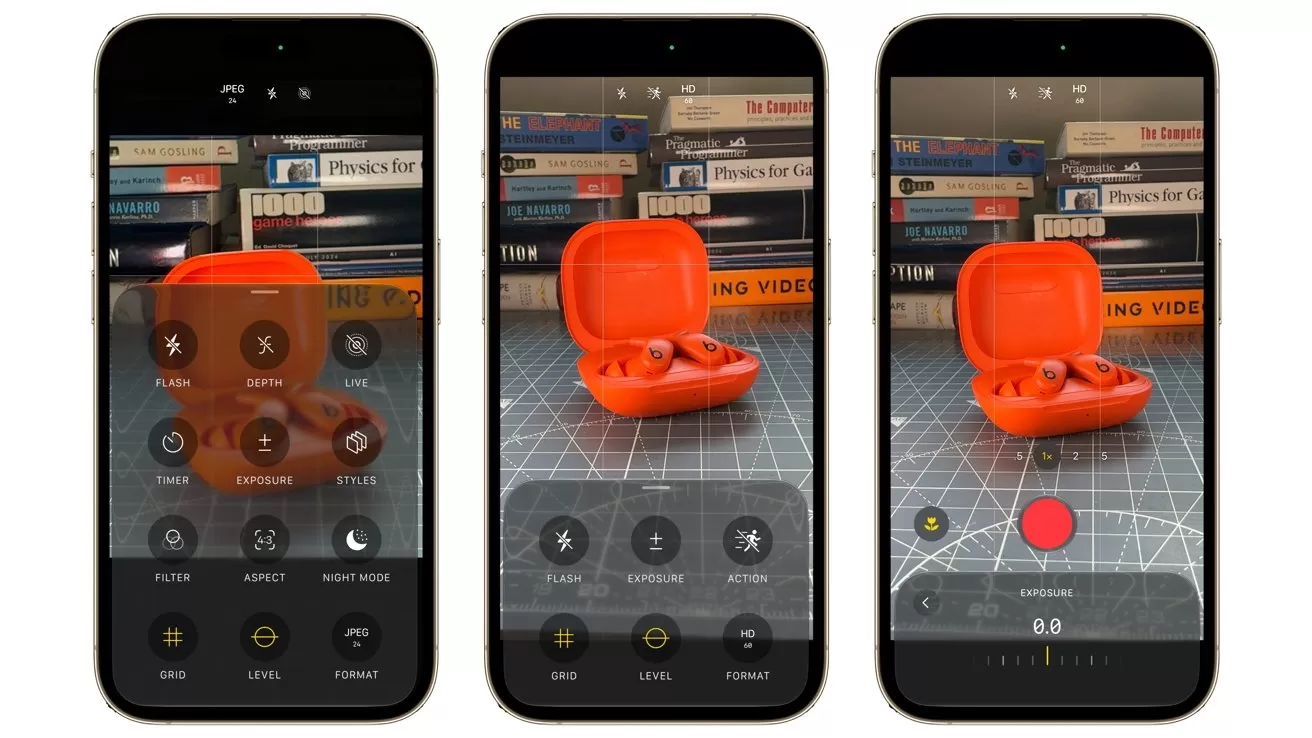 Three smartphone screens show a camera app focused on an orange wireless earbud case on a cutting mat, with shelves of stacked books in the background and camera controls visible