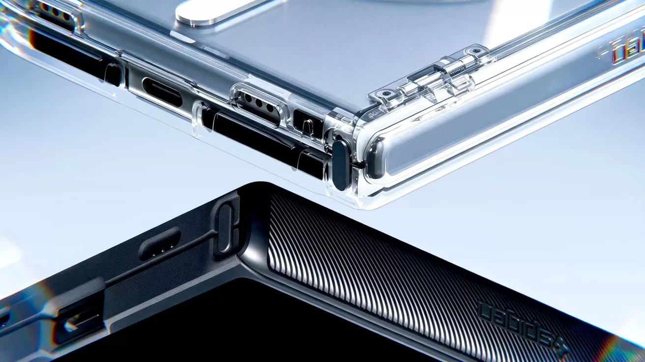 Close-up view of a clear protective phone case hovering above a second iPhone Duo, highlighting speaker grilles, charging port openings, and precise cutouts against a clean, light blue background